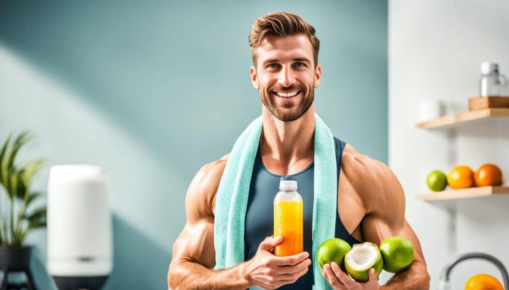 image of a man recovering from a sauna by replenishing fluids and electrolytes